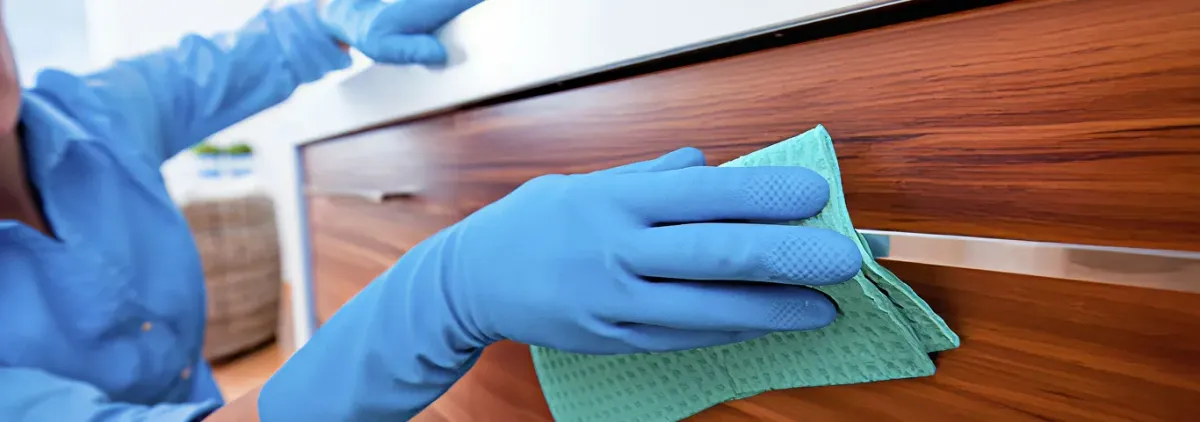 Cleaner wearing blue gloves wiping a wooden cabinet drawer with a microfiber cloth for dust and grime removal, Tuscaloosa, AL.